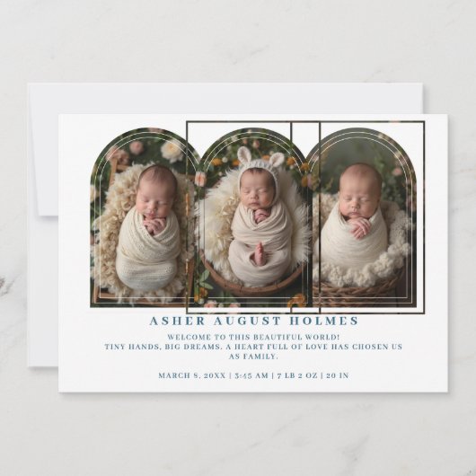 Blue Elegant 3-Photo Collage Arch Newborn  Ankündigung (Vorderseite)