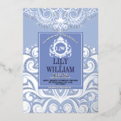 Blue Elegant Artdeco Diamond Monogram Wedding Folieneinladung (Vorderseite)