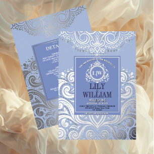 Blue Elegant Artdeco Diamond Monogram Wedding Folieneinladung