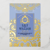 Blue Elegant Artdeco Diamond Monogram Wedding Gold Folieneinladung (Vorderseite)