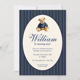 Blue Elegant Babys First Birthday Teddy Bear Invit Einladung