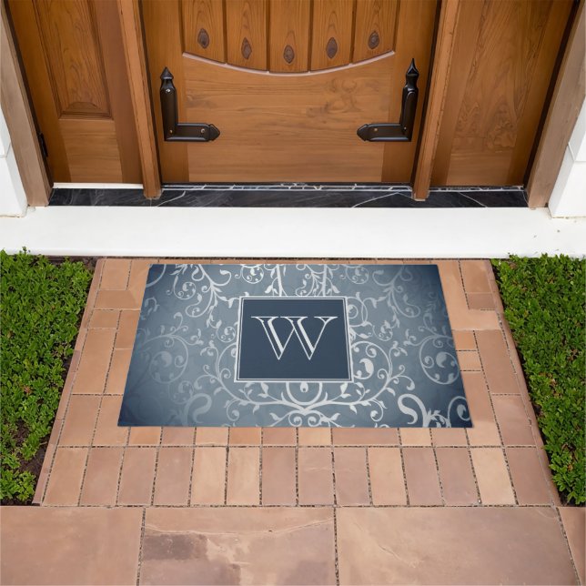 Blue Elegant Blüh Monogram Doormat Fußmatte (Außenbereich)