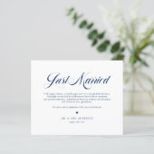 Blue Elegant Bold Calligraphy Just Married Card (Stehend Vorderseite)