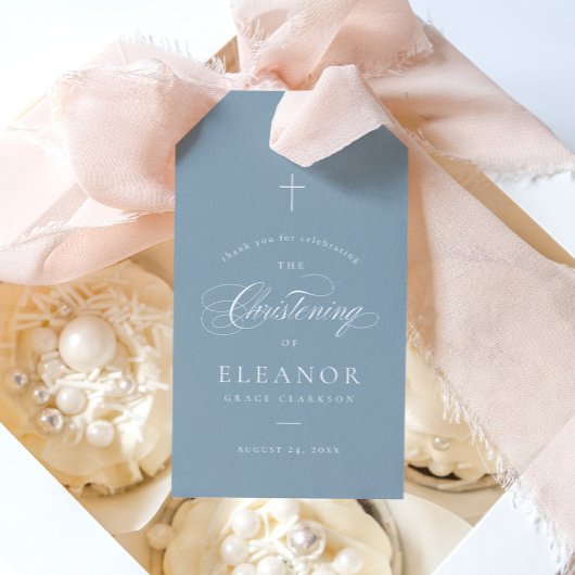 Blue Elegant Calligraphy Christening Favor Geschenkanhänger