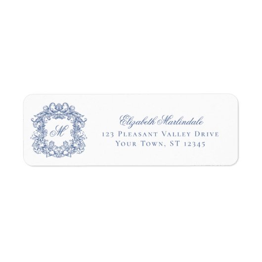 Blue Elegant Crest Monogram Wedding Return Address (Vorne)