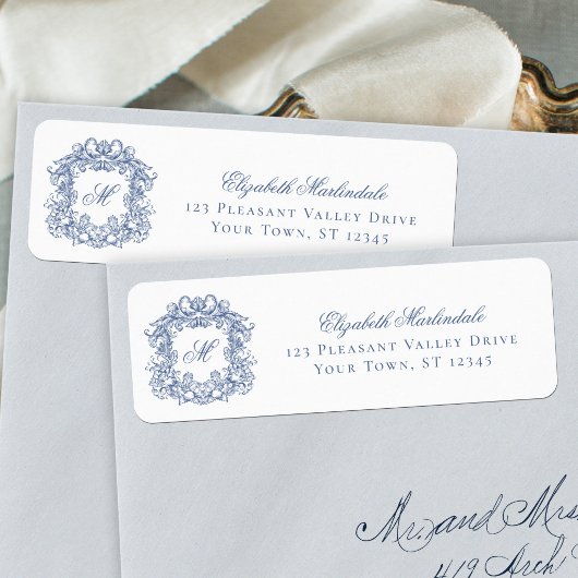 Blue Elegant Crest Monogram Wedding Return Address