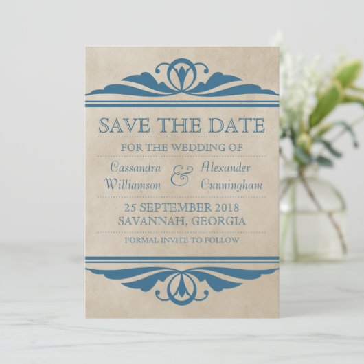 Blue Elegant Deko Save the Date einladen (Stehend Vorderseite)