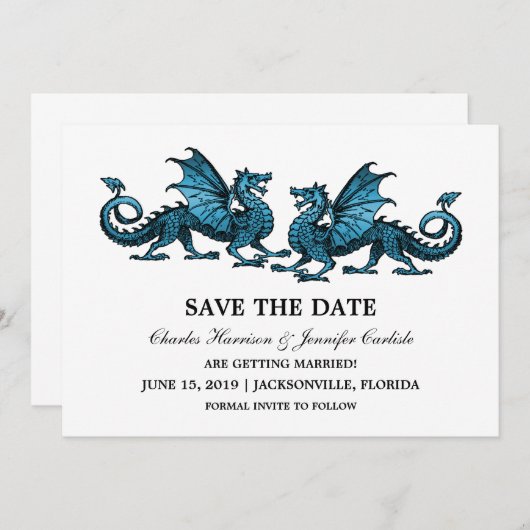 Blue Elegant Dragons Save the Date laden ein (Vorne/Hinten)