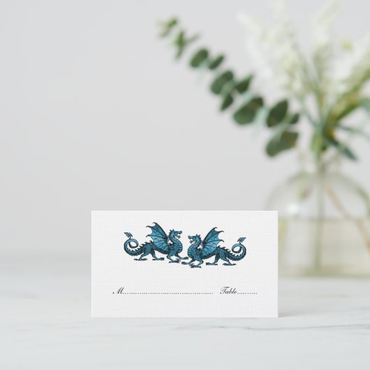 Blue Elegant Dragons Wedding Platzkarte (Stehend Vorderseite)