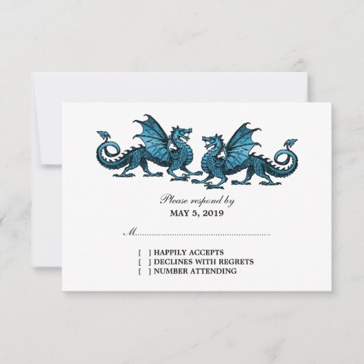 Blue Elegant Dragons Wedding Response Card RSVP Karte (Vorderseite)