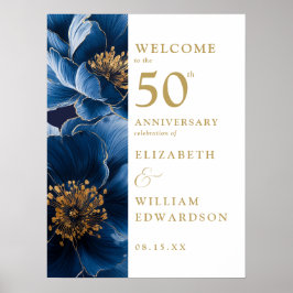 Blue Elegant Floral 50 Jahre Geburtstag Begrüßungs Poster