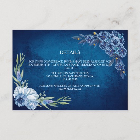Blue Elegant floral summer wedding Begleitkarte (Vorderseite)