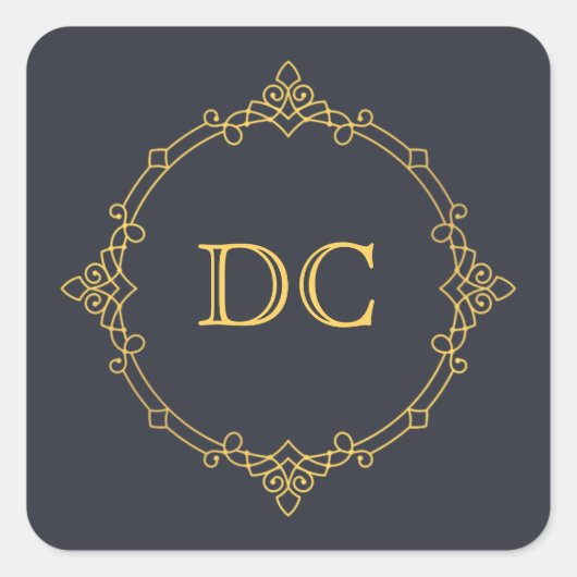 Blue Elegant Gold Design Monogram Quadratischer Aufkleber (Vorderseite)