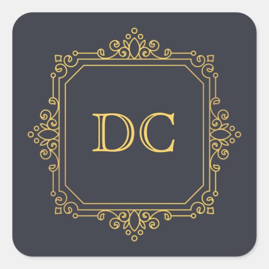 Blue Elegant Gold Design Monogram Quadratischer Aufkleber (Vorderseite)