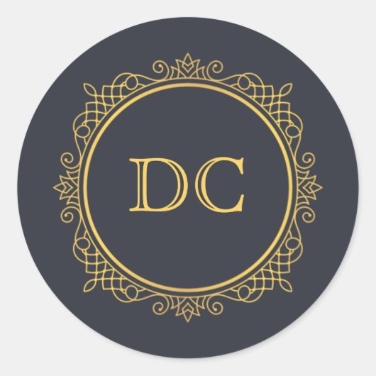 Blue Elegant Gold Design Monogram Runder Aufkleber (Vorderseite)