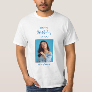 Blue Elegant Happy Birthday Foto T - Shirt