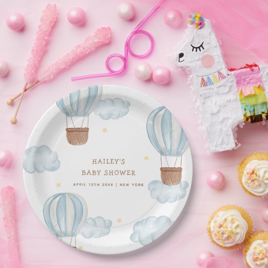 Blue Elegant Hot Air Ballon Cloud Boy Baby Shower Pappteller (Party)