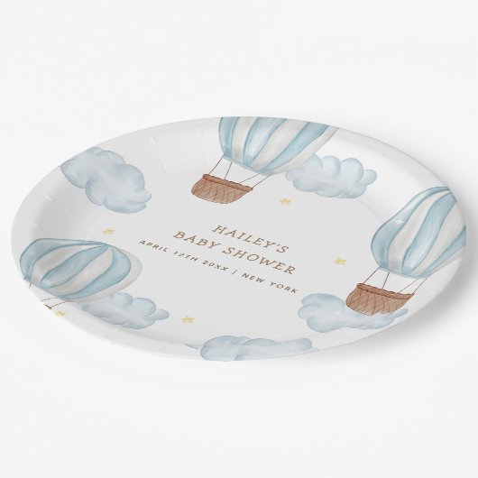 Blue Elegant Hot Air Ballon Cloud Boy Baby Shower Pappteller (Schrägansicht)