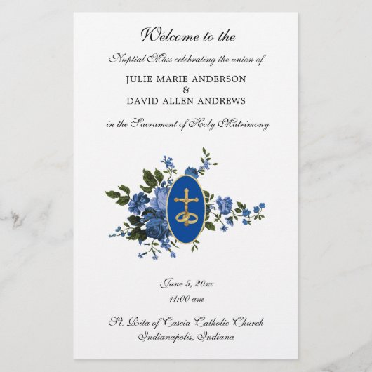 Blue Elegant Katholic Wedding Program Stationery Briefpapier (Vorderseite)