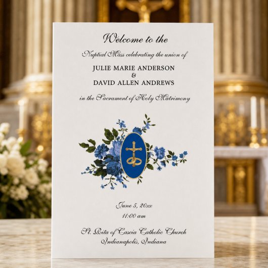 Blue Elegant Katholic Wedding Program Stationery Briefpapier