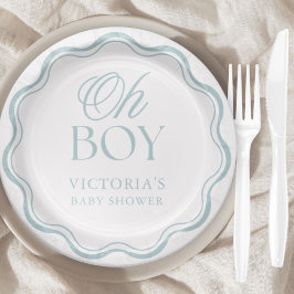 Blue Elegant Minimal Oh Boy Baby Shower Pappteller