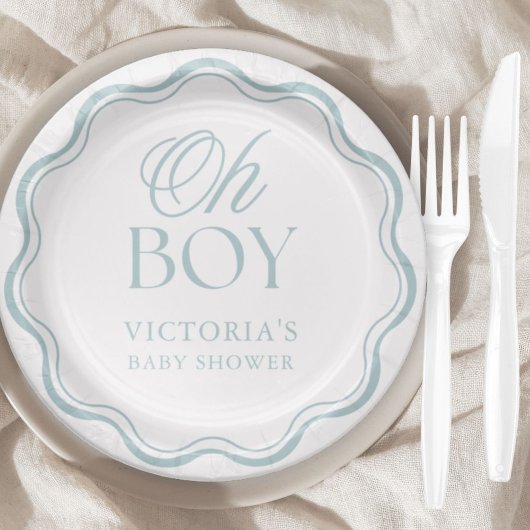 Blue Elegant Minimal Oh Boy Baby Shower Pappteller