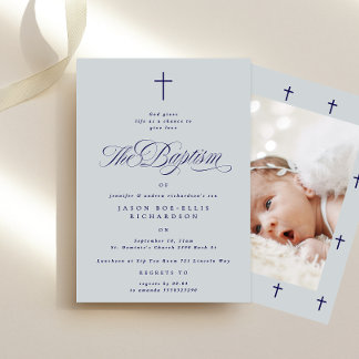 Blue Elegant Navy Cross Boy Foto Taufe Einladung