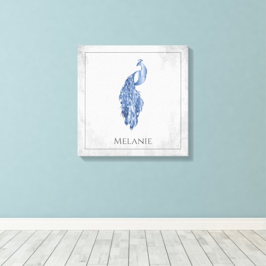 Blue Elegant Peacock Canvas Print Leinwanddruck (Insitu (Holzboden))