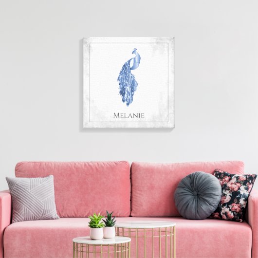 Blue Elegant Peacock Canvas Print Leinwanddruck (Insitu (Wohnzimmer))