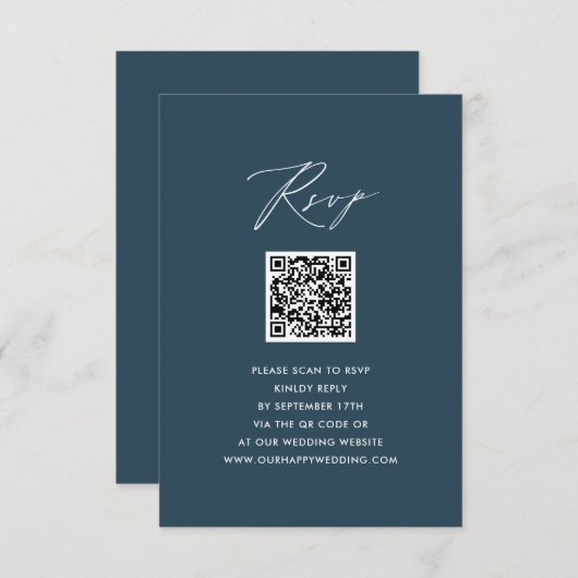 Blue Elegant Script Minimalistisch QR Wedding RSVP Begleitkarte (Vorne/Hinten)