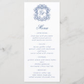 Blue Elegant Script Monogram Wappen Wedding Menükarte (Vorderseite)