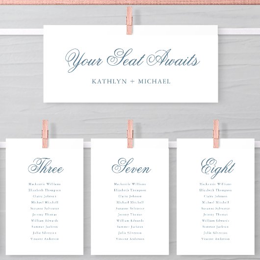 Blue Elegant Seating Chart Card Klassisches Skript Einladung