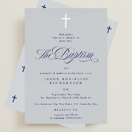 Blue Elegant Silver Cross Boy Taufe Einladung