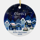 Blue Elegant Snow House Baby's First Christmas Keramik Ornament (Vorne)