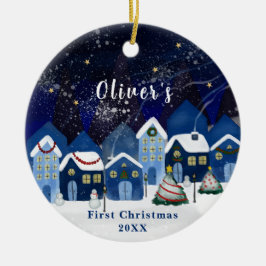 Blue Elegant Snow House Baby's First Christmas Keramik Ornament