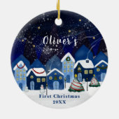 Blue Elegant Snow House Baby's First Christmas Keramik Ornament (Hinten)