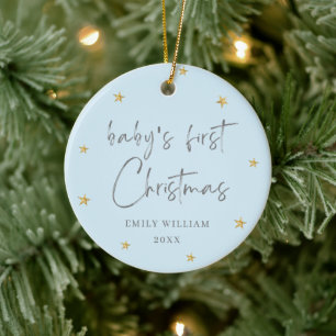 Blue Elegant Star Foto Baby's First Christmas Keramik Ornament