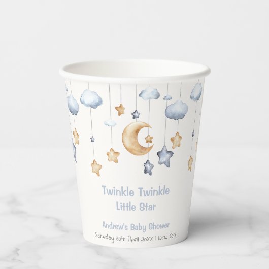 Blue Elegant Twinkle Twinkle Baby Dusche Pappbecher (Rückseite)