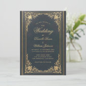 Blue Elegant Vintag Gold Calligraphy Wedding Einladung (Stehend Vorderseite)