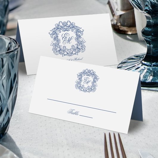 Blue Elegant Vintag Wappen Monogram Wedding Platzkarte