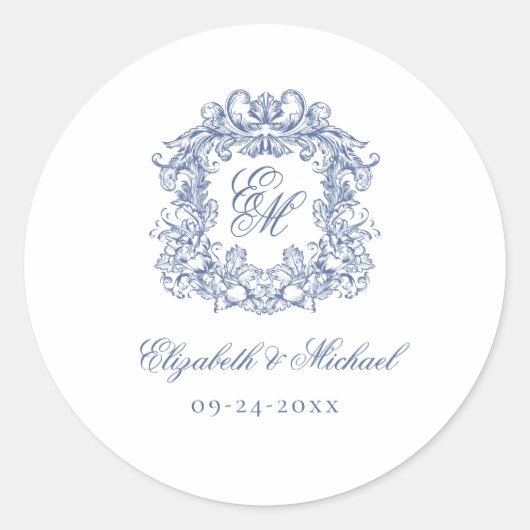 Blue Elegant Vintage Monogram Crest Wedding Runder Aufkleber (Vorderseite)