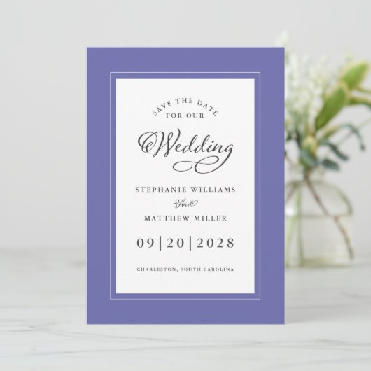 Blue Elegant Wedding Chic Script Border Save The Date (Stehend Vorderseite)