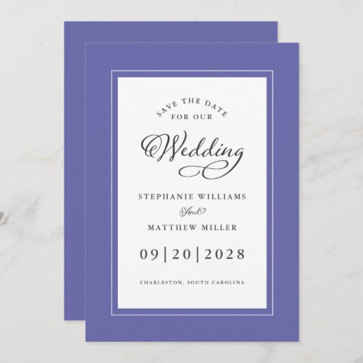 Blue Elegant Wedding Chic Script Border Save The Date (Vorne/Hinten)