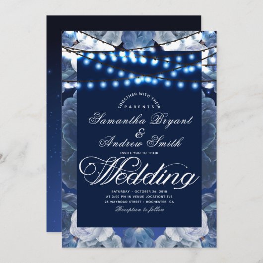 Blue Elegant Wedding Einladung (Vorne/Hinten)