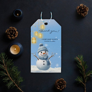 Blue Elegant Whimsical Winter Snowman Baby Dusche Geschenkanhänger