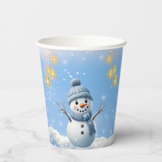Blue Elegant Whimsical Winter Snowman Baby Dusche Pappbecher (Rückseite)