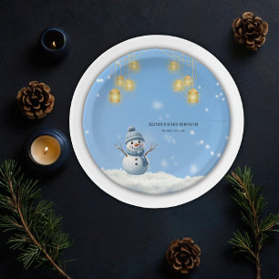 Blue Elegant Whimsical Winter Snowman Baby Dusche Pappteller