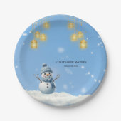Blue Elegant Whimsical Winter Snowman Baby Dusche Pappteller (Vorderseite)