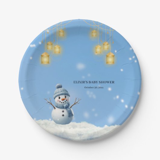 Blue Elegant Whimsical Winter Snowman Baby Dusche Pappteller (Vorderseite)