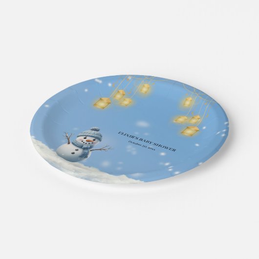 Blue Elegant Whimsical Winter Snowman Baby Dusche Pappteller (Schrägansicht)